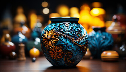 Decorative vase holds ancient pottery, illuminating elegance in home interior generated by AI