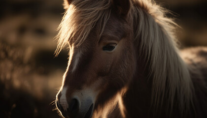 Fototapeta premium Stallion mane glows in sunset sunlight beauty generated by AI