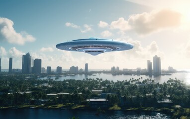 UFO, alien saucer floating in the air. Unidentified flying object, alien invasion of earth, extraterrestrial life, humanoid spaceship. strangers.