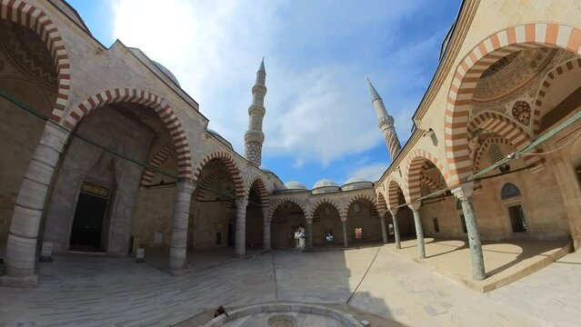 Edirne, Turkey - Aug 9,2023:UC Serefeli Mosque spacious courtyard, elegant prayer halls provide serene atmosphere for worshippers and tourists.Edirne's rich cultural heritage and architectural prowess