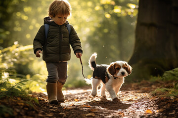 Adventurous little boy exploring a charming woodland trail with his loyal Beagle pup