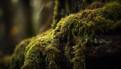 Green leaves on old tree trunk, autumn growth generated by AI