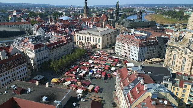 Dramatic aerial view flight drone Dresden neumarkt Frauenkirche Germany summer