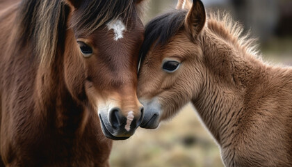 Cute mare and foal grazing in meadow generated by AI