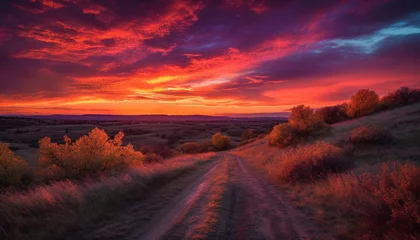 Foto op Plexiglas Bordeaux Orange sunset over African mountain range, tranquil beauty generated by AI