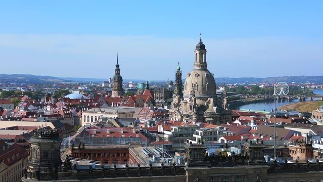 Stunning aerial top view flight drone Dresden church Frauenkirche Germany summer