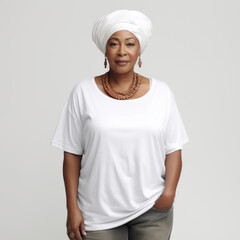 Attractive african american mid age female with curly hair, wearing white t shirt, stands against urban background, has calm face expression, tender smile.