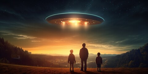 Paranoid family looking at ufo in sky , concept of Unsettling presence - obrazy, fototapety, plakaty