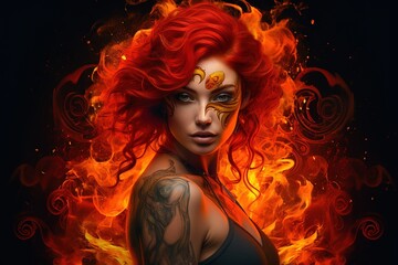 a woman that is standing in front of a fire, goddess of fire