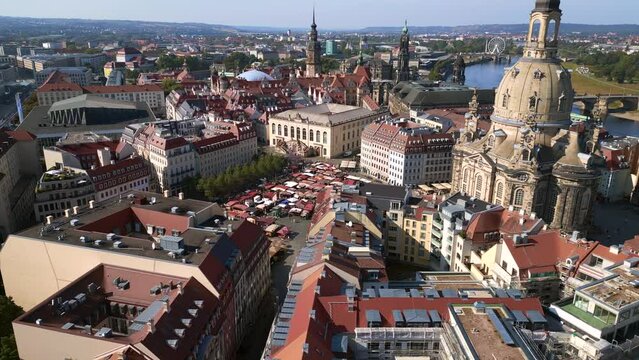 Gorgeous aerial view flight drone Dresden neumarkt Frauenkirche Germany summer