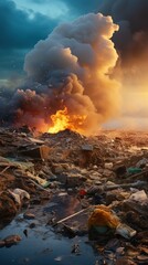 A polluted landfill overflowing with garbage.UHD wallpaper - obrazy, fototapety, plakaty