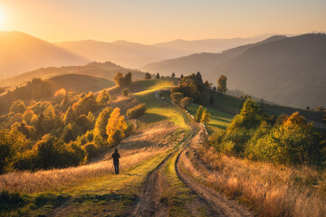 Carpathian mountain valley with beautiful hills in haze, man, orange trees at sunset in autumn in Ukraine. Colorful landscape with dirt road, meadows, forest, grass, golden sunlight in fall. Nature - obrazy, fototapety, plakaty