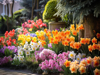 Vibrant flowers in a blossoming spring garden showcase a vivid array of colors and beauty.