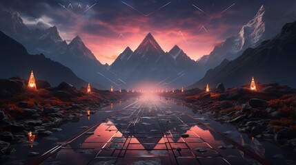 A surreal digital landscape with pixelated mountain ,UHD wallpaper - obrazy, fototapety, plakaty
