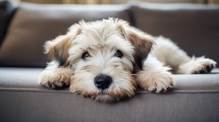 adorable puppy dog resting on the sofa looking at the camera