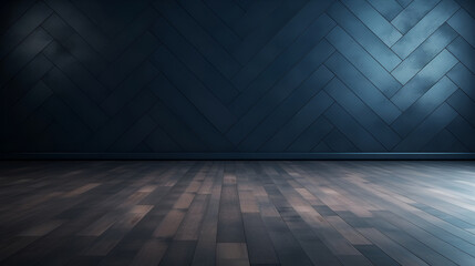 Blue wall background with copy space in an empty room with brown parquet floor. Classical wall molding decoration in modern empty luxury home interior. - obrazy, fototapety, plakaty