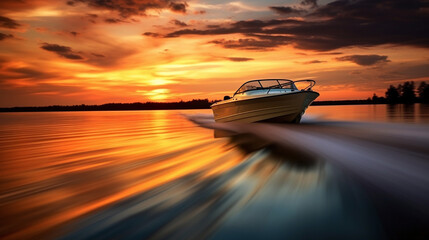 A serene evening scene capturing a boat on a tranquil lake, with a stunning sunset reflection.