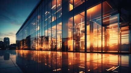 modern business office building with reflection of glass and evening sunset. - obrazy, fototapety, plakaty