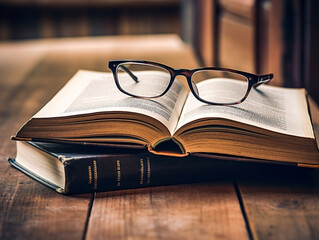 Books stacked on a wooden table with reading glasses placed on top, in a cozy setting.