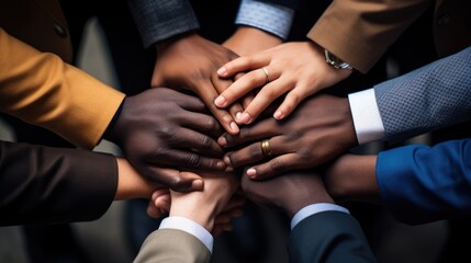 Obraz premium Close up picture of businessman putting their hands together or hands shaking after they reach achievement to show unity and teamwork.