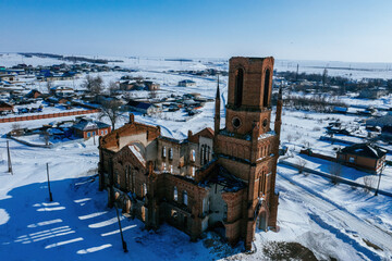 Old abandoned Lutheran church Messer Ust Zolich in winter