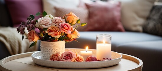 Table in living room with candles and flowers on tray - obrazy, fototapety, plakaty