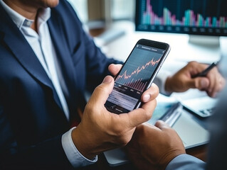 A businessman using a smartphone, representing the concept of investment and finance.