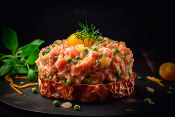 Fresh salmon tartare garnished with cream sauce and green onions, served on a black board. Generative AI