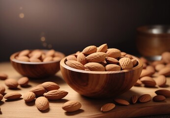 Tasty Almonds Nut in Bowl on Wooden Table, Organic Nutrition, using Generative Ai