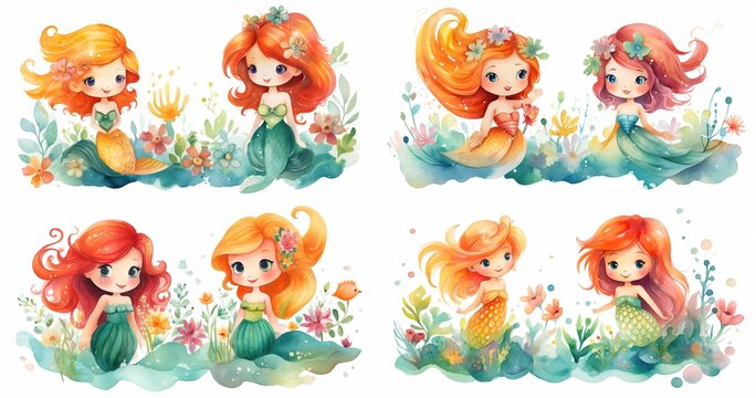 watercolor style cartoon illustration of two mermaid girls swimming under water with flower and seaweed, , isolated on white background, collection set, Generative Ai