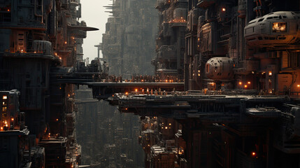 Illustration of a steampunk city.