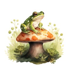 frog sitting on toad stool on a white background 