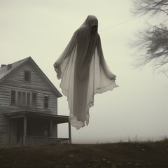  Haunted scene of cloths drying on a line, creepy ghost 