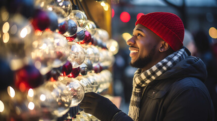 Fototapeta na wymiar Young Black man standing at Christmas market looking at christmas decoration with blurred background 