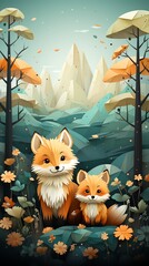 illustrated cute foxes in the woods,  