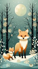 illustrated cute foxes in the woods,  