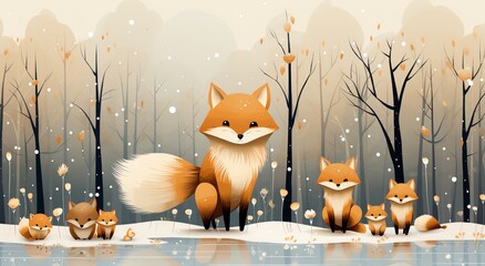 illustrated cute foxes in the woods,  