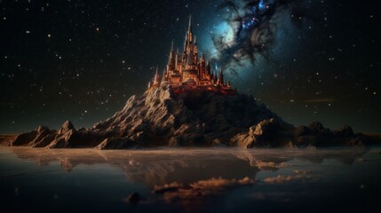 Illuminated castle on top of a rocky mountain at night and the sky with stars - obrazy, fototapety, plakaty