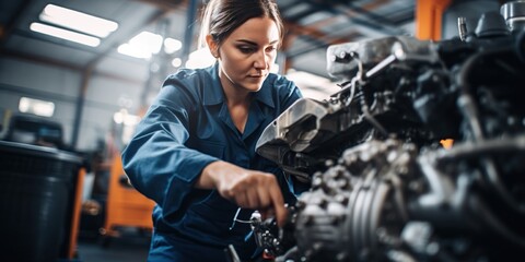 Female mechanic working on engine, concept of Diversity