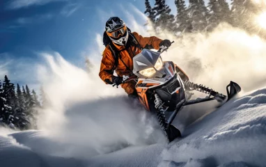 Fotobehang Adventurous snowmobiling rides through snowy terrain © piai