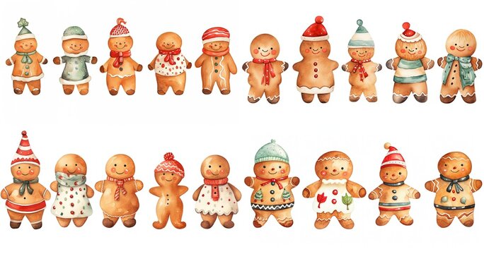 watercolor style cartoon illustration of cute ginger bread wearing winter scarf and cap, isolated on white background, collection set, Generative Ai