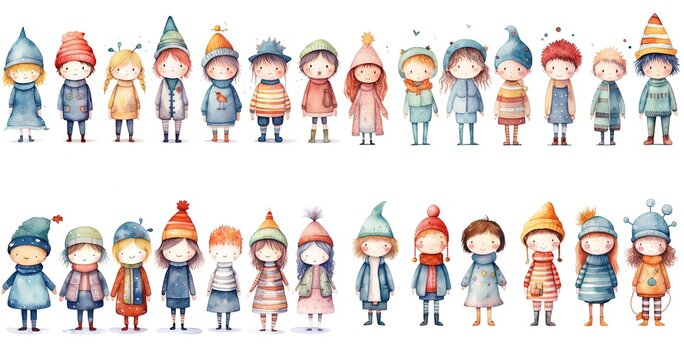 watercolor cartoon illustration collection set, cute girls and boys wearing winter coat scarf and woven cap, Generative Ai	
