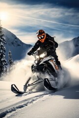 Adventurous snowmobiling rides through snowy terrain