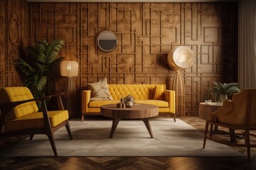 Golden hour illuminates a chic modern living room with retro touches and warm hues