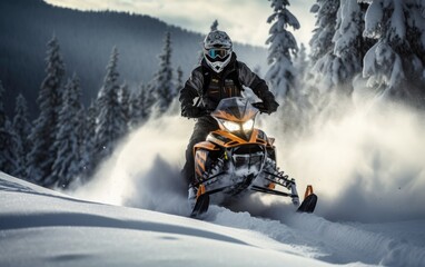 Adventurous snowmobiling rides through snowy terrain - obrazy, fototapety, plakaty