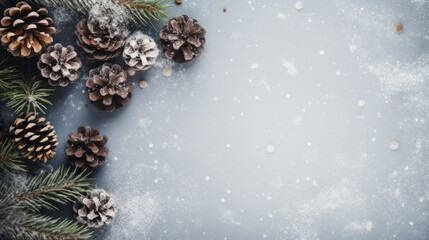 Christmas background, fir tree branches, snow and snowflakes, new year greeting card, banner with copy space. top view.