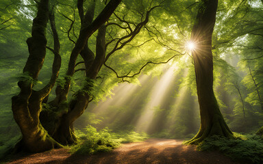 Enchanted forest with towering trees and dappled sunlight