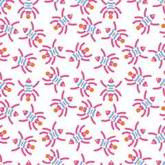 A fun Vector seamless pattern of colored abstract geometric shapes animals insects