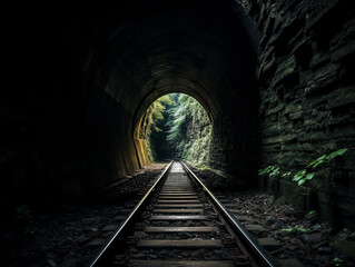 Fototapeta na wymiar A mesmerizing view captures the mystique as a train tunnel entrance slowly fades away.