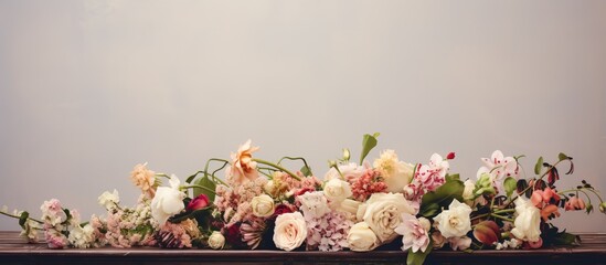 Obraz na płótnie Canvas Tender flowers arranged on vintage table in modern flat for wedding celebration